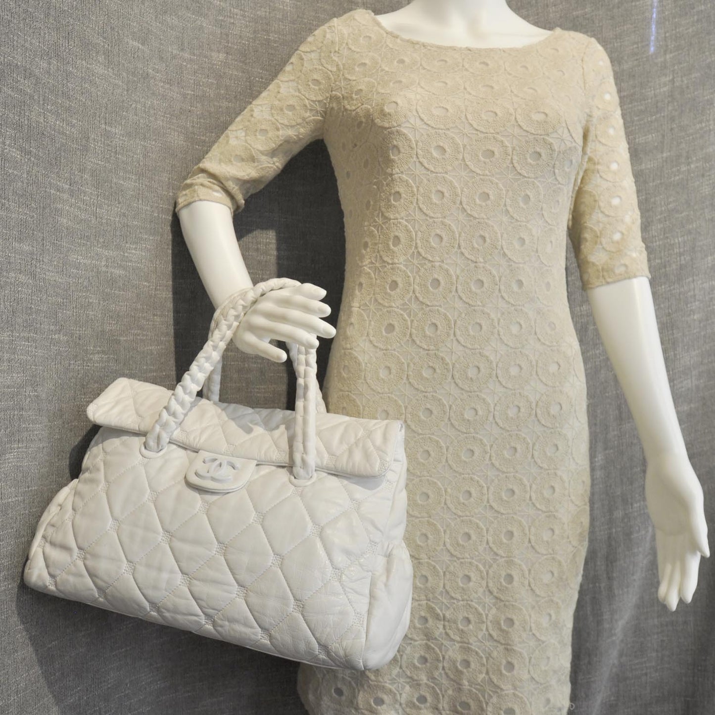 Quilted Lambskin Large Hidden Chain Tote White