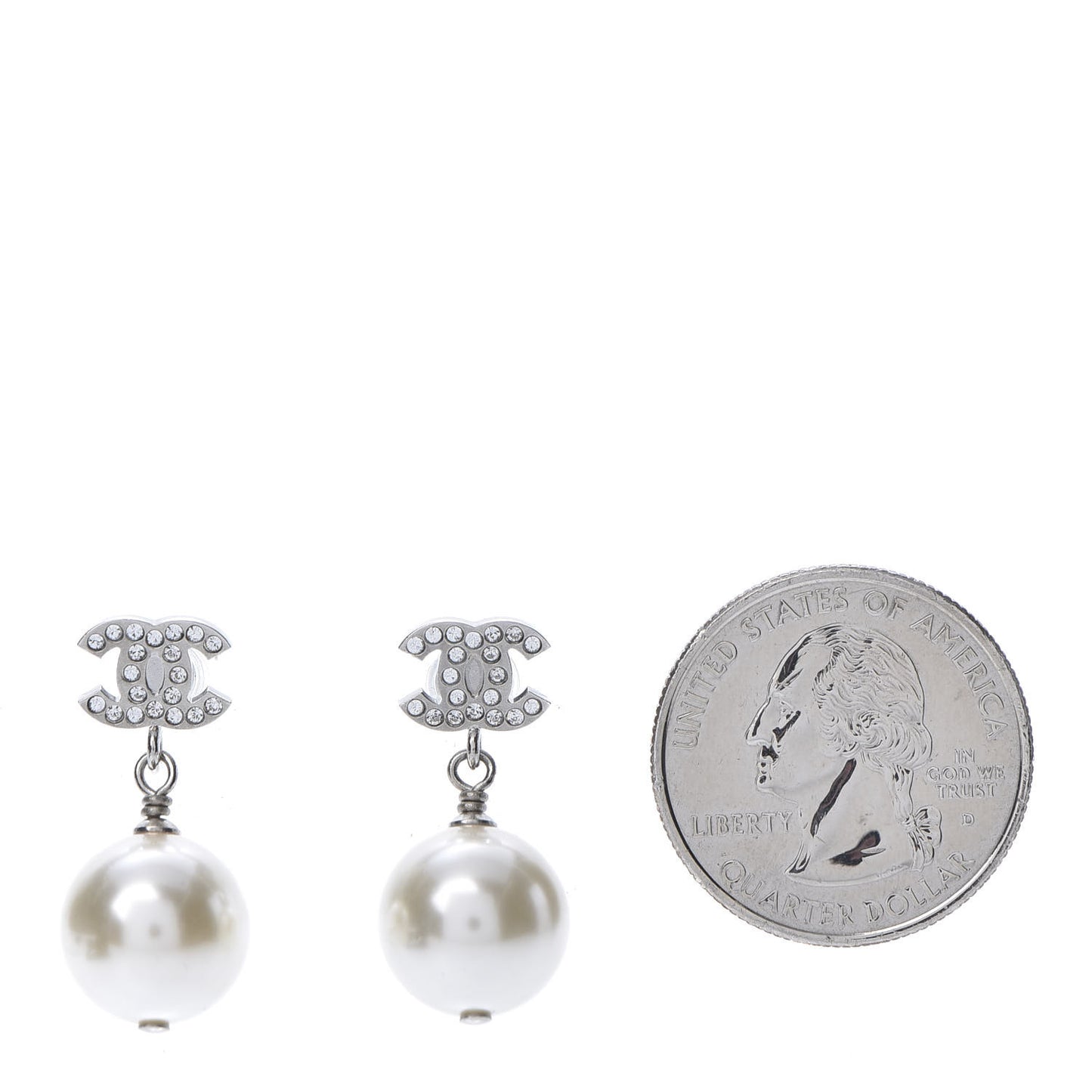 Crystal Pearl CC Drop Earrings Silver