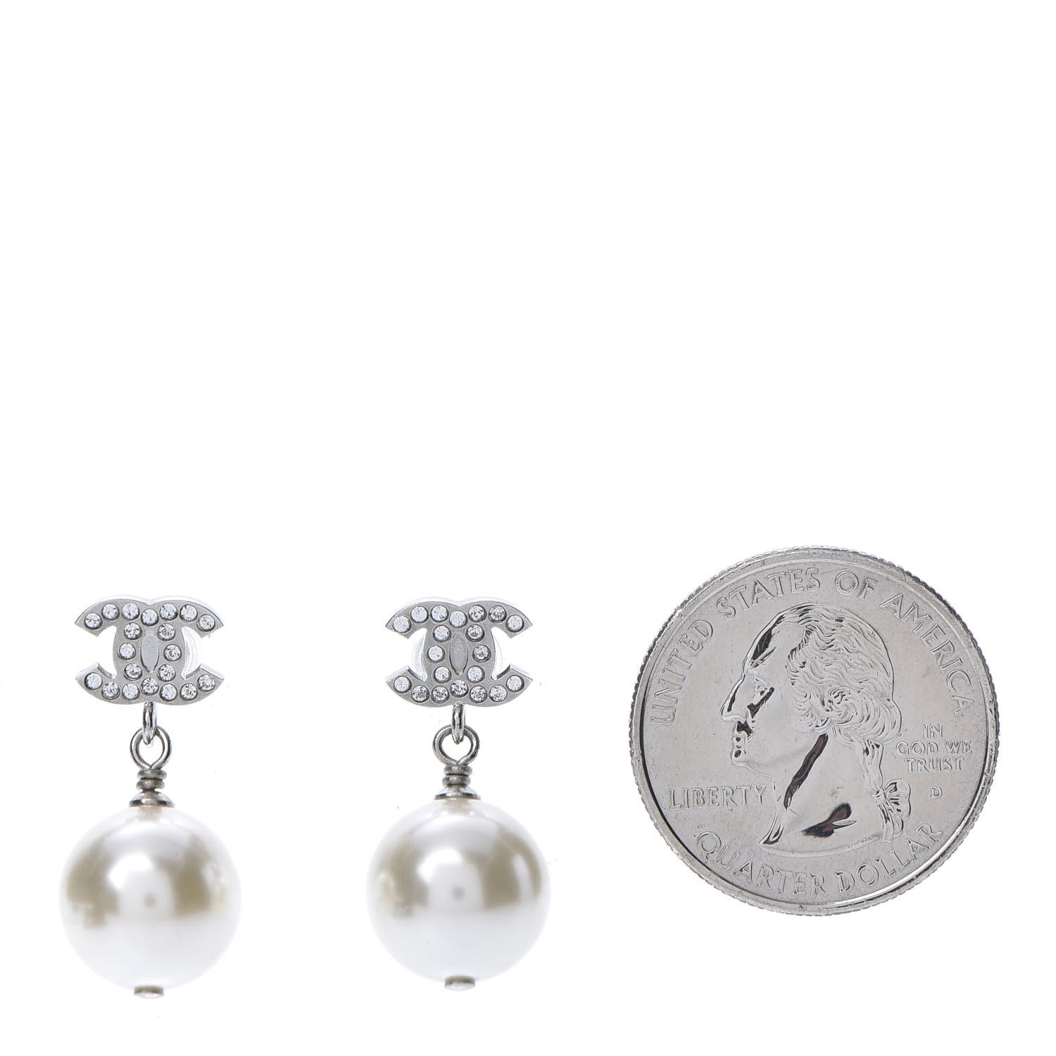 Chanel Crystal Pearl CC Drop Earrings Silver 2 of 5