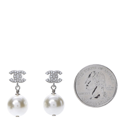 Chanel Crystal Pearl CC Drop Earrings Silver 2 of 5