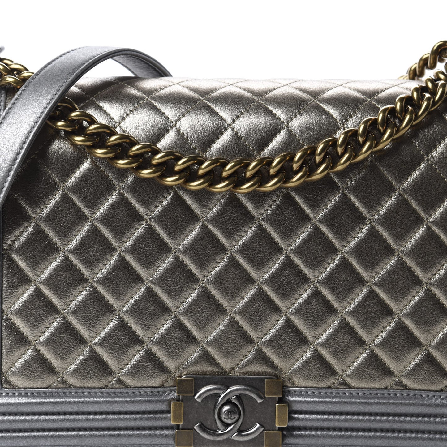 Metallic Calfskin Quilted New Medium Boy Flap Khaki