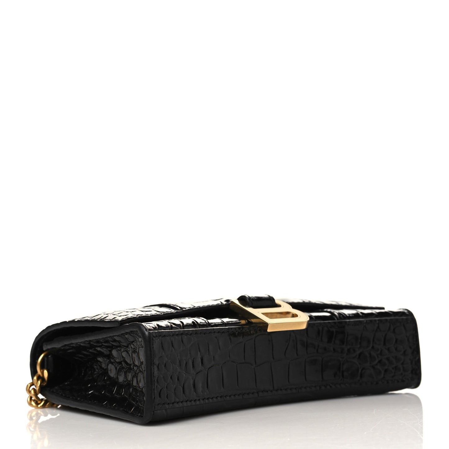 Shiny Calfskin Crocodile Embossed Hourglass Chain Bag Black