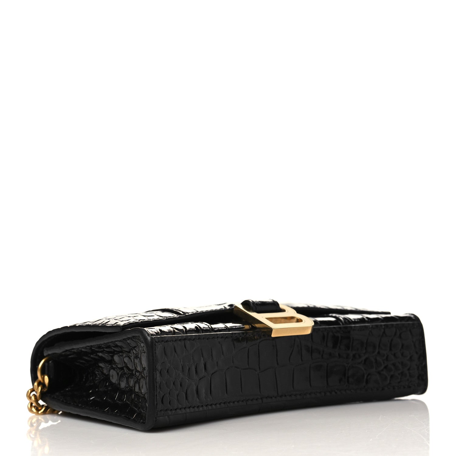 Balenciaga Shiny Calfskin Crocodile Embossed Hourglass Chain Bag Black 3 of 5