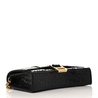 Balenciaga Shiny Calfskin Crocodile Embossed Hourglass Chain Bag Black 3 of 5