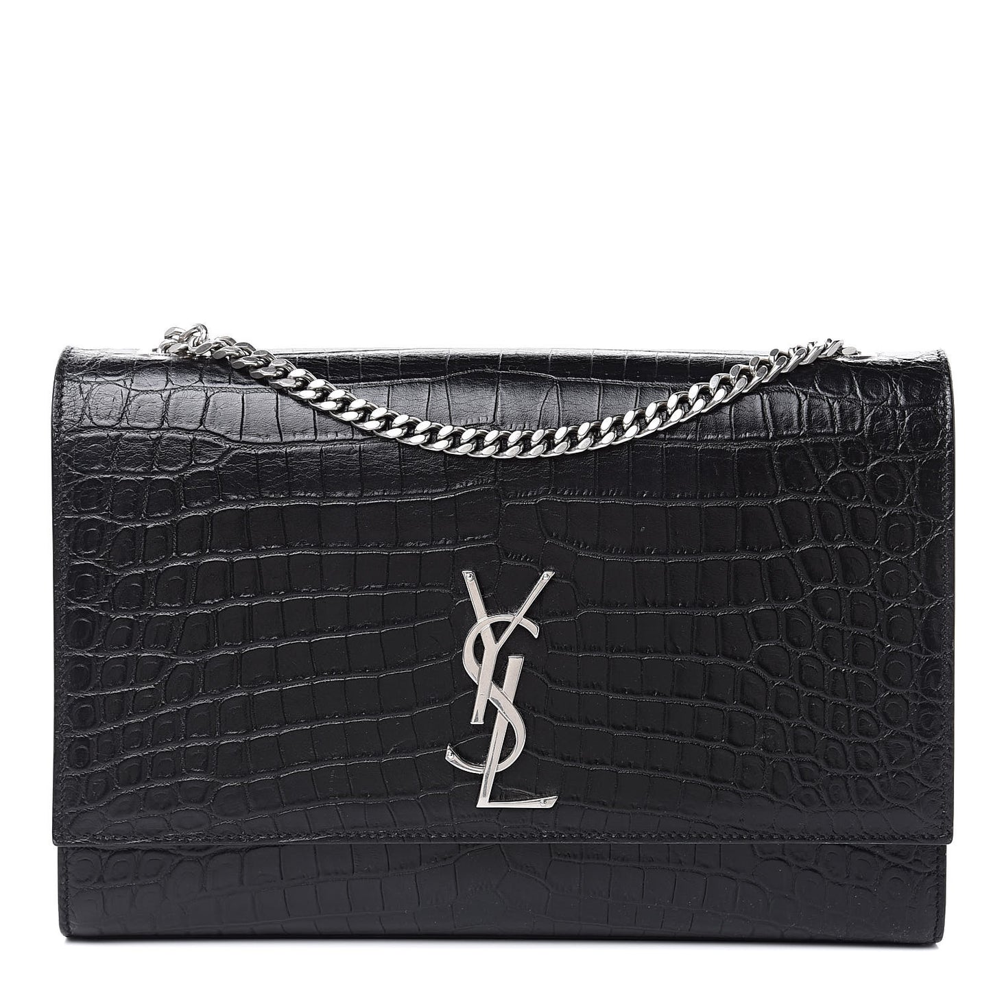 Calfskin Crocodile Embossed Large Classic Monogram Kate Satchel Black
