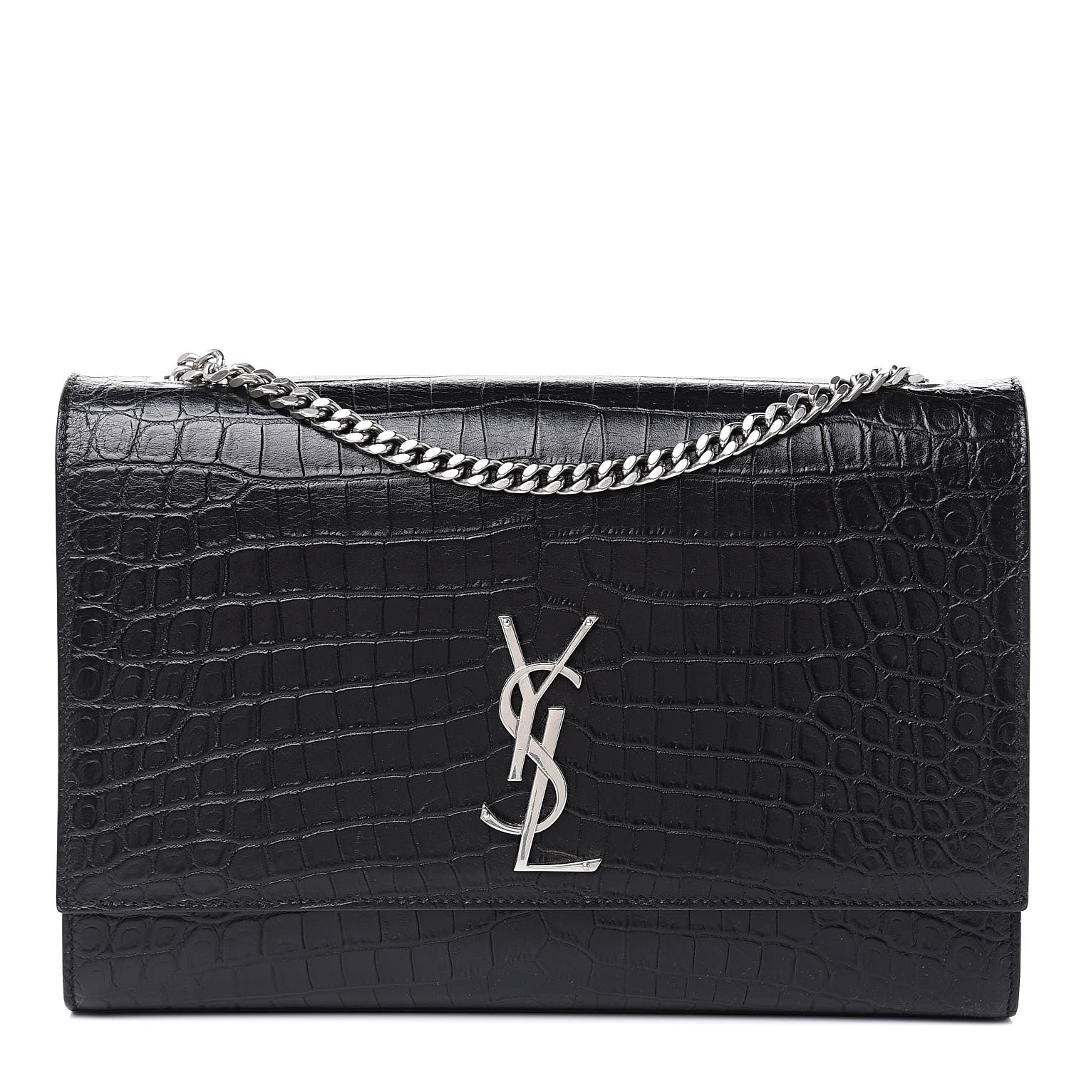 Saint Laurent Calfskin Crocodile Embossed Large Classic Monogram Kate Satchel Black 1 of 10