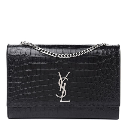 Saint Laurent Calfskin Crocodile Embossed Large Classic Monogram Kate Satchel Black 1 of 10