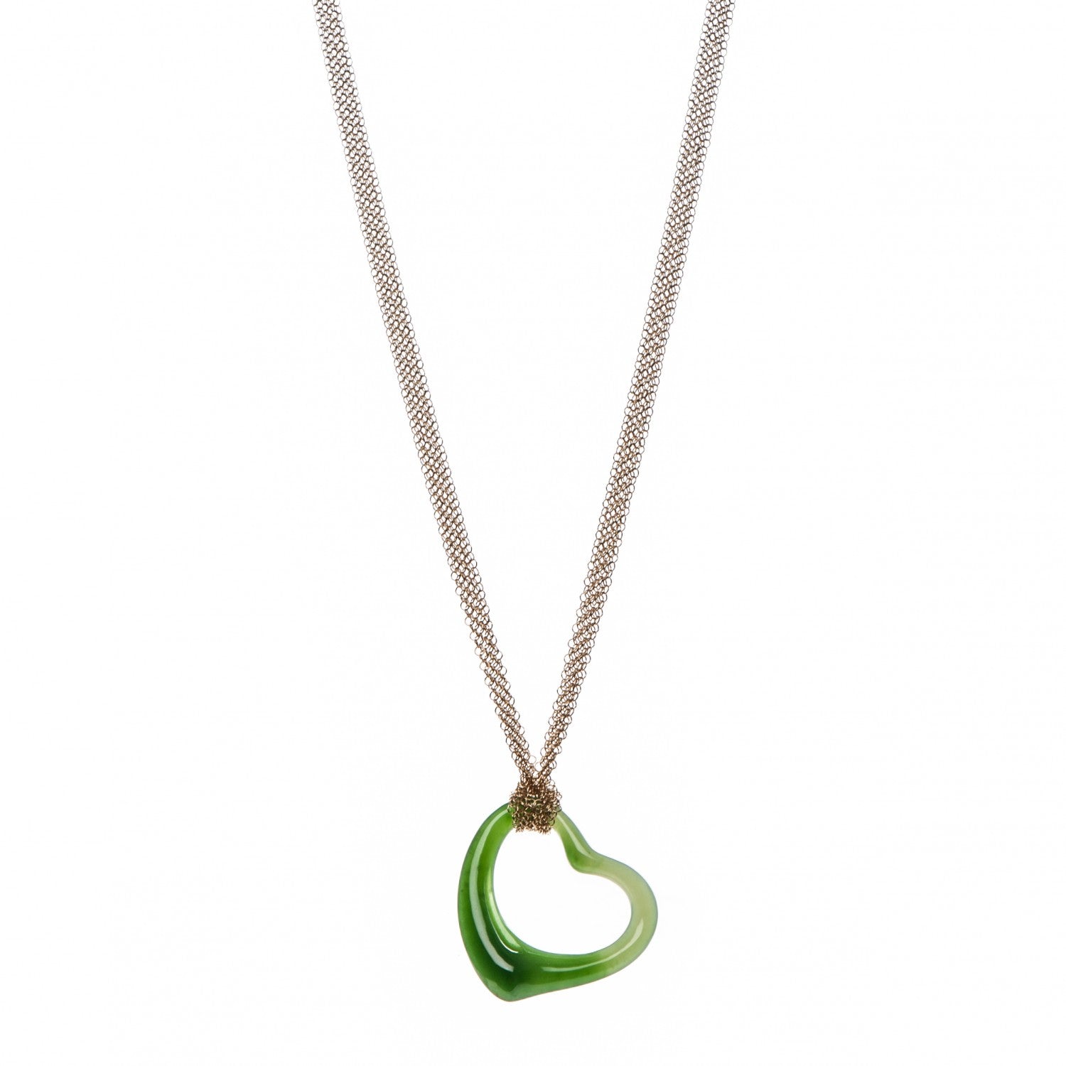 Tiffany 18K Yellow Gold Jade Open Heart Elsa Peretti Necklace 1 of 5