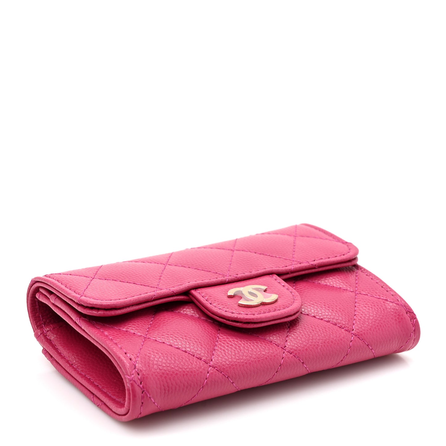 Caviar Quilted Flap Card Holder Wallet Fuchsia