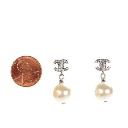 Chanel Crystal Pearl CC Drop Earrings Silver 2 of 5