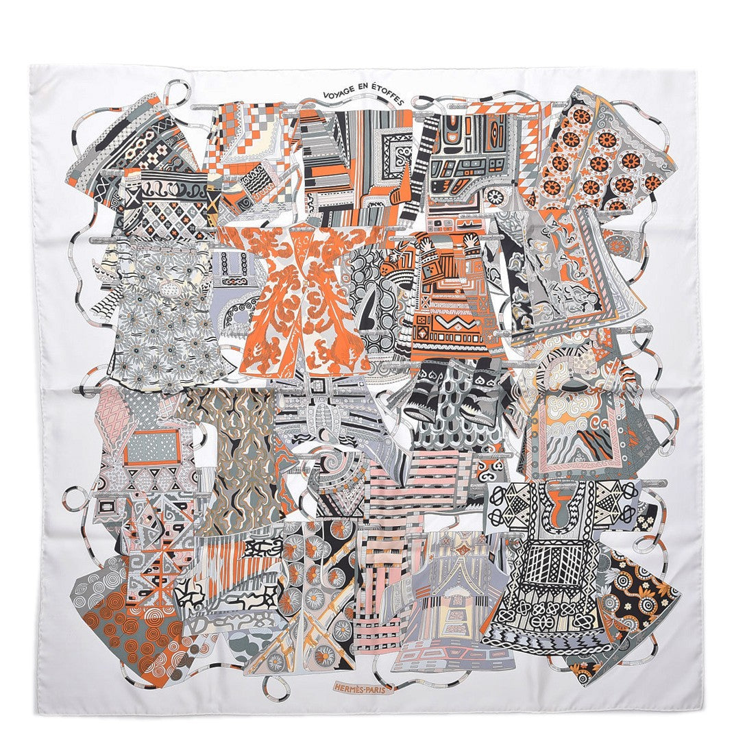 Hermes Silk Voyage En Etoffes Scarf 90 White Vert De Gris Orange 1 of 7