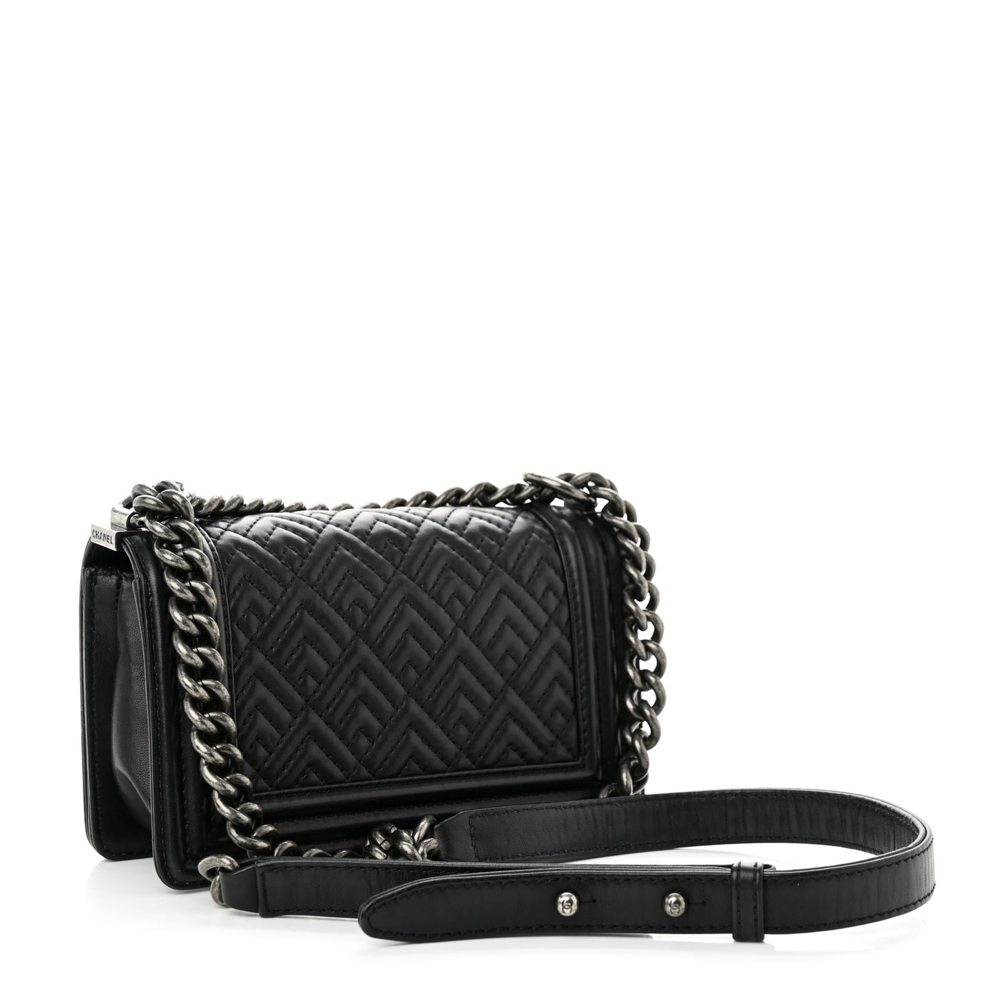 Lambskin Geometric Chevron Quilted Small Boy Flap Black