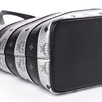 MCM Metallic Visetos Striped Medium Anya Shopper Tote Black Silver 7 of 11