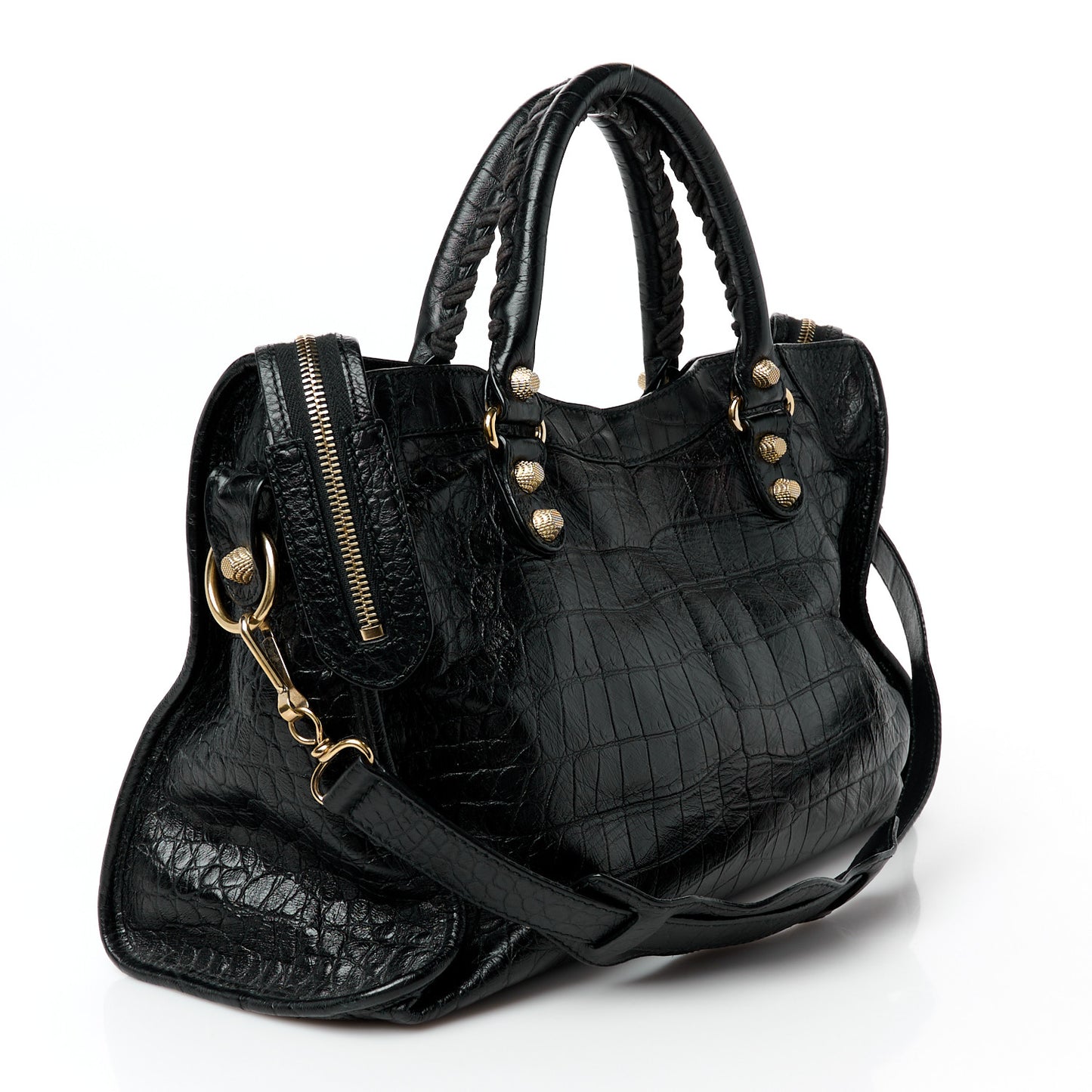 Calfskin Crocodile Embossed Giant 12 Gold Hardware City Black