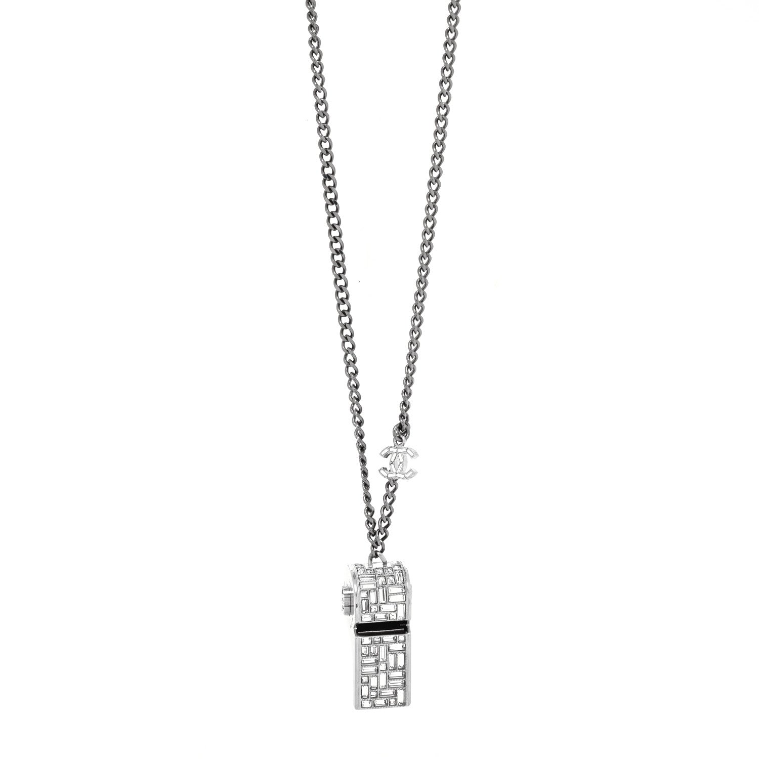 Chanel Crystal Baguette CC Whistle Pendant Necklace Silver 1 of 6