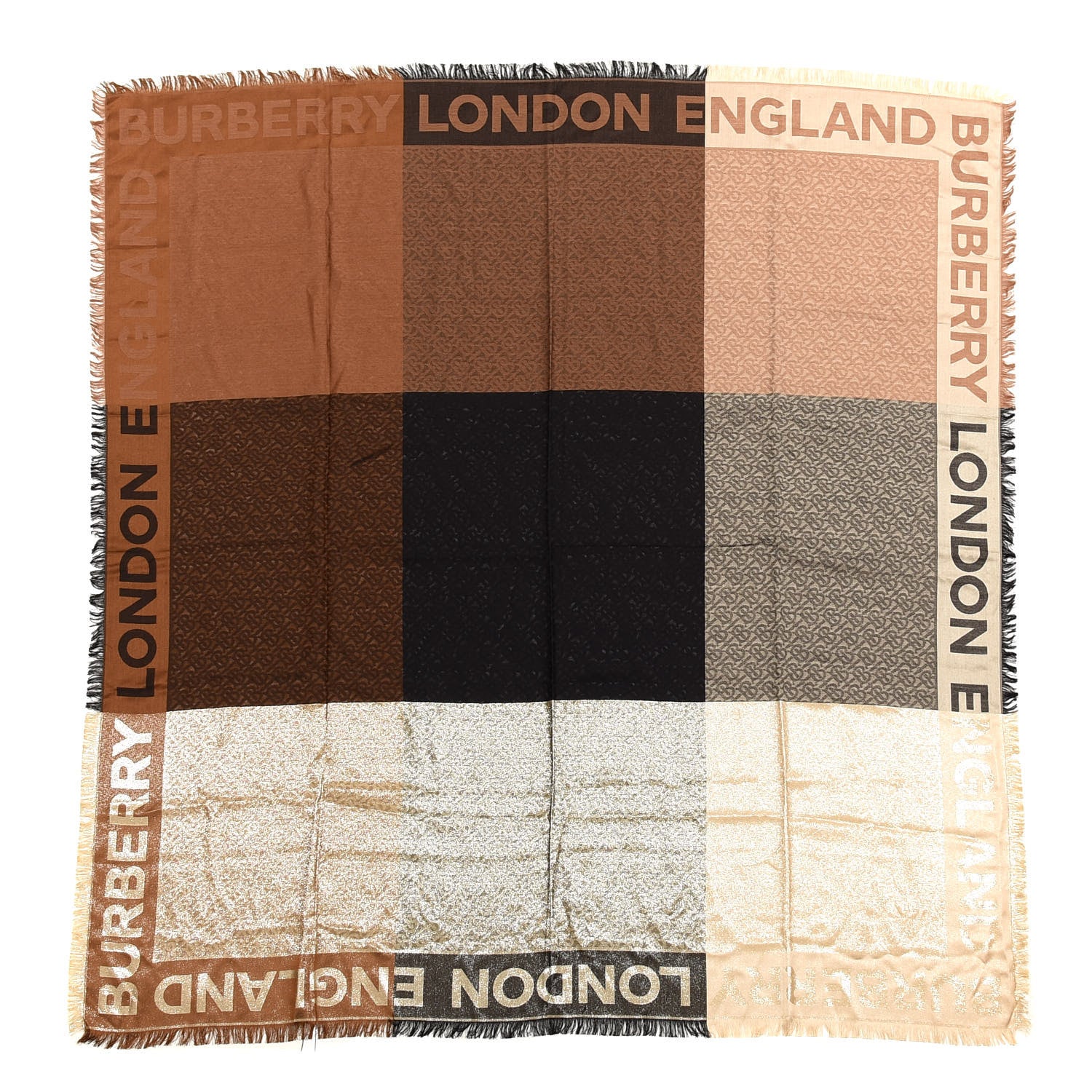 Burberry Metallic Silk Wool TB Monogram Colorblock Square Scarf Chestnut 1 of 4