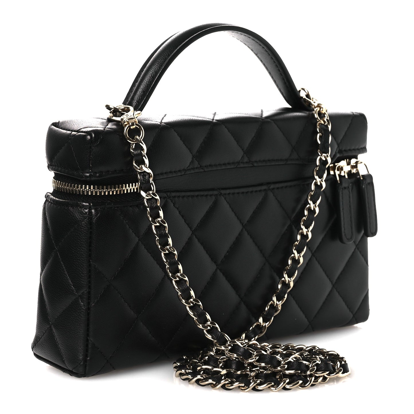 Lambskin Quilted Crystal CC Top Handle Slim Vanity Case With Chain Black