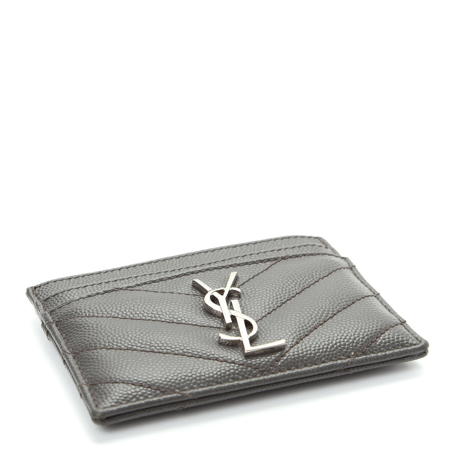 Saint Laurent Grain De Poudre Matelasse Chevron Monogram Credit Card Case Coal 4 of 5