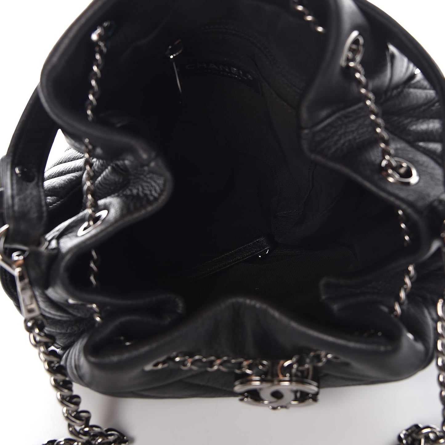 Deerskin Chevron Small CC Chain Bucket Bag Black