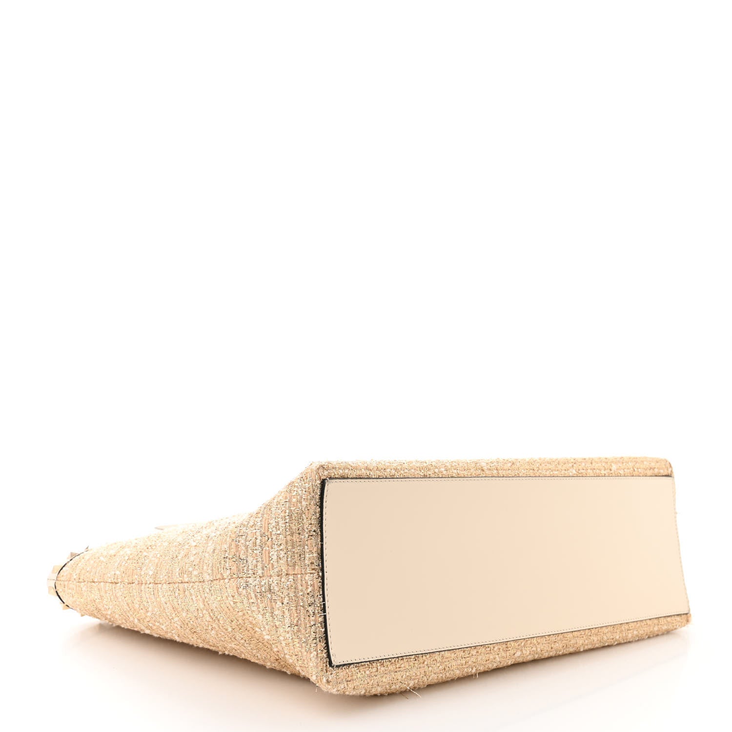 Valentino Garavani Metallic Boucle Raffia Calfskin Rockstud Tote Bag White Ivory Gold 4 of 11