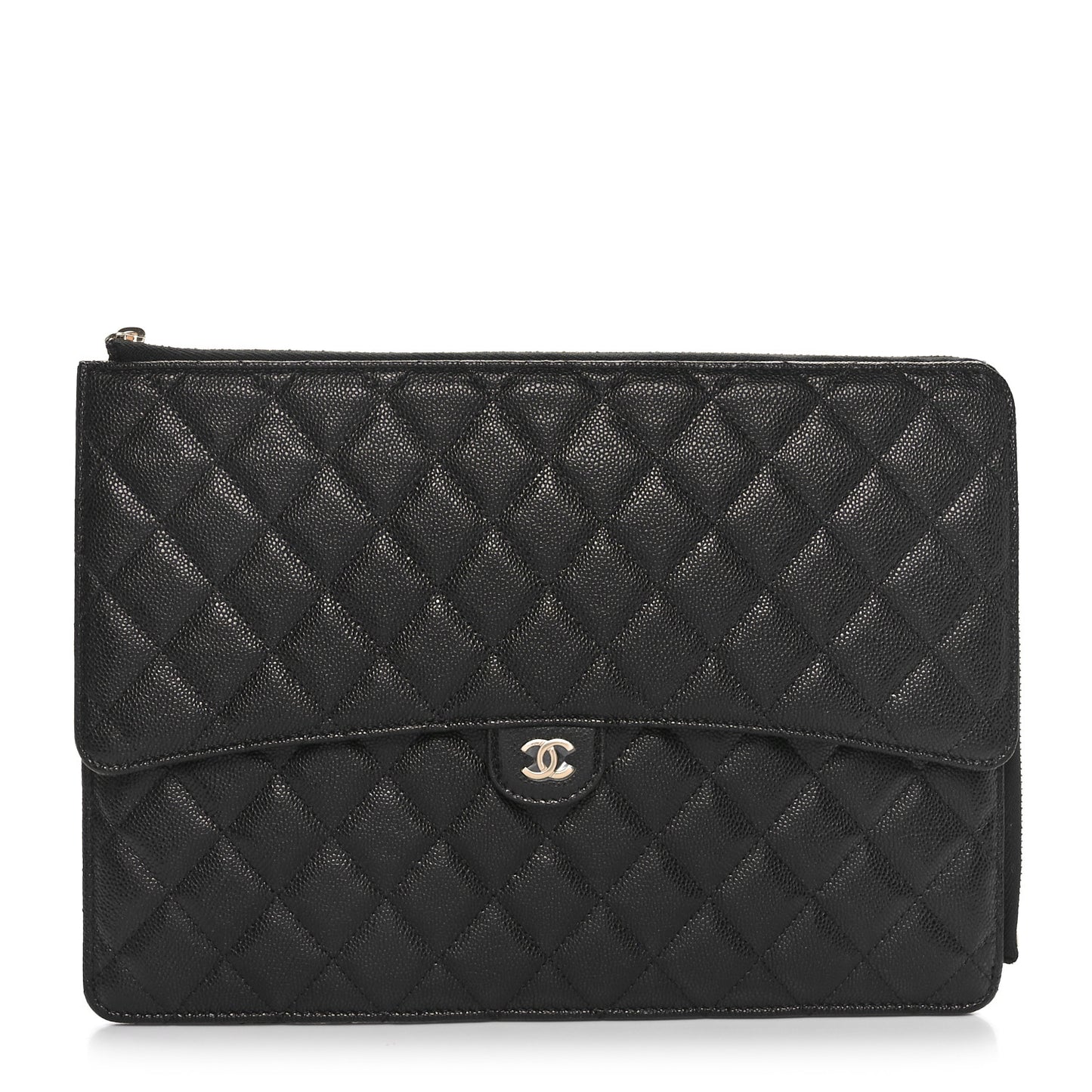 Caviar Quilted Large Flap Zip Clutch Black
