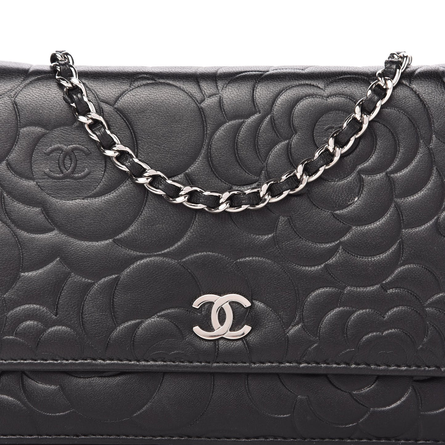 Lambskin Camellia Embossed Wallet on Chain WOC Black