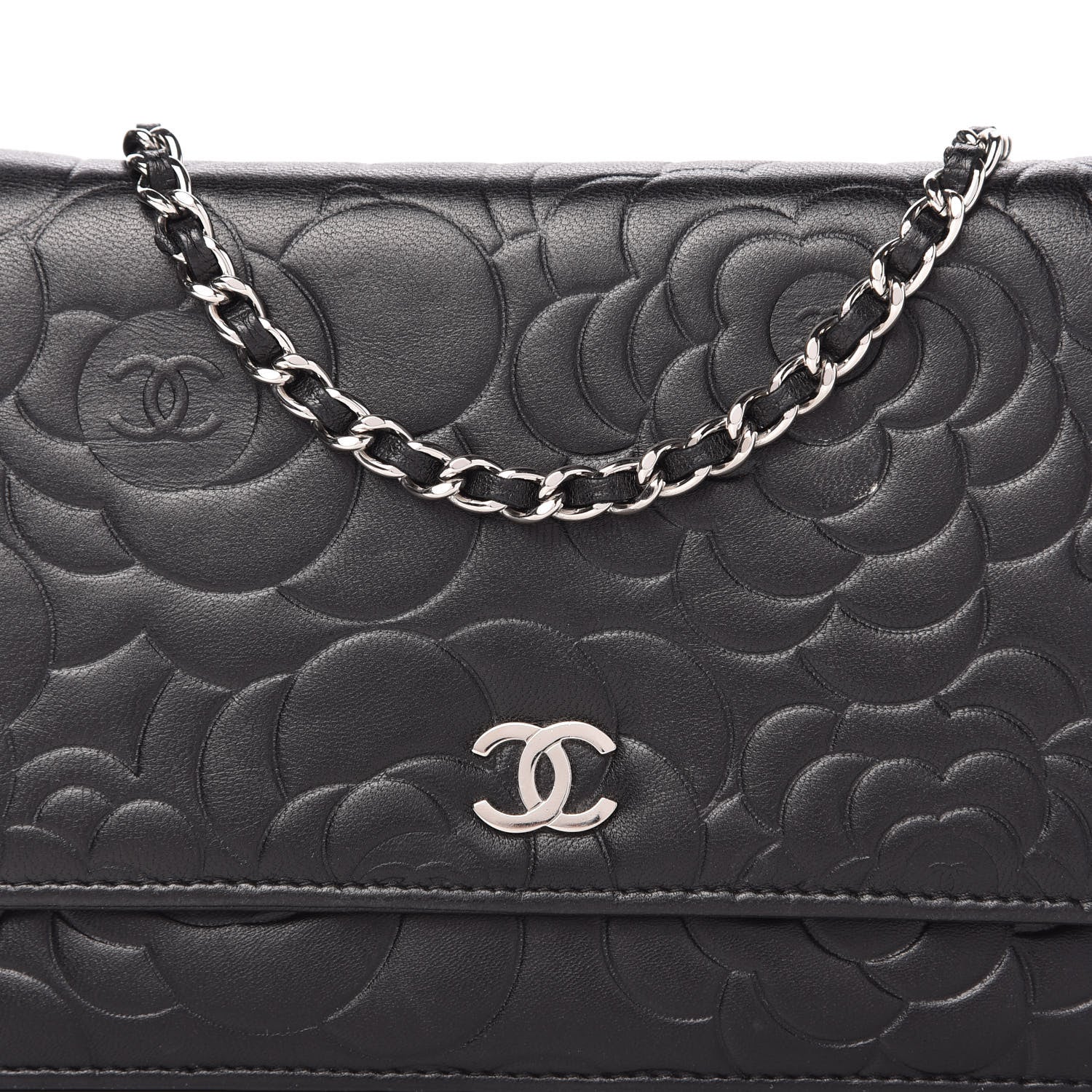 Chanel Lambskin Camellia Embossed Wallet on Chain WOC Black 11 of 12