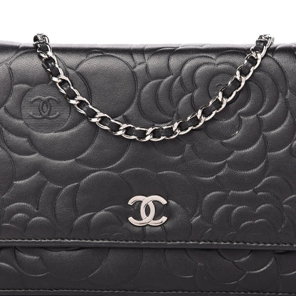 Chanel Lambskin Camellia Embossed Wallet on Chain WOC Black 11 of 12