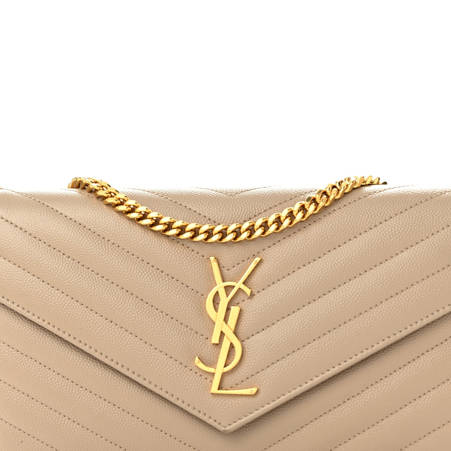 Saint Laurent Grain De Poudre Matelasse Chevron Monogram Chain Wallet Dark Beige 7 of 9