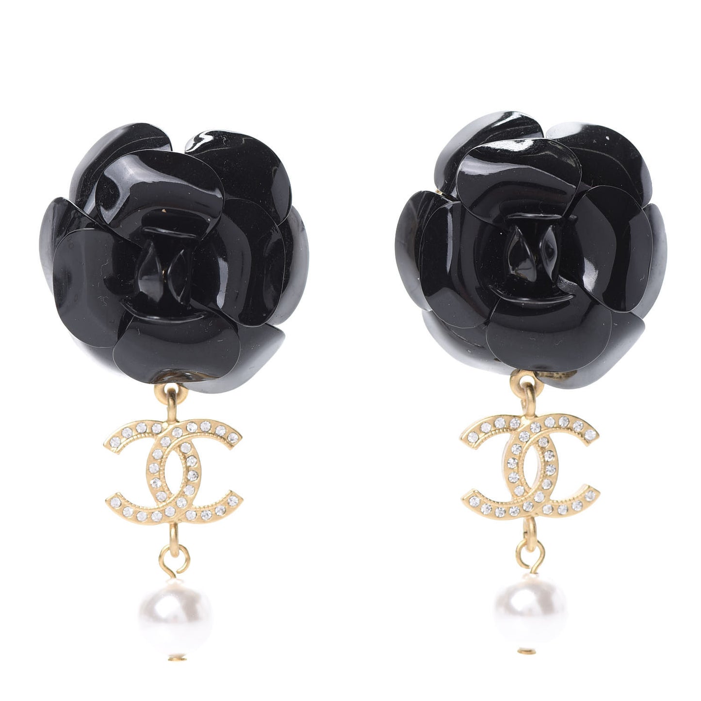 Enamel Crystal Pearl CC Camellia Drop Earrings Black Gold