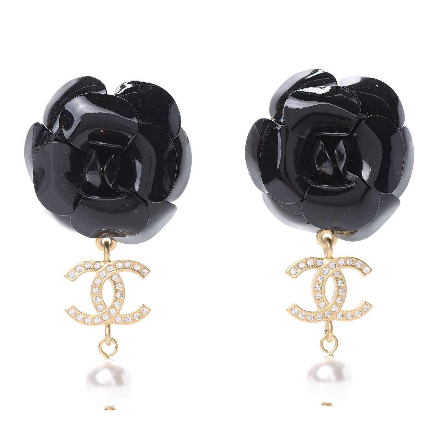 Chanel Enamel Crystal Pearl CC Camellia Drop Earrings Black Gold 1 of 5