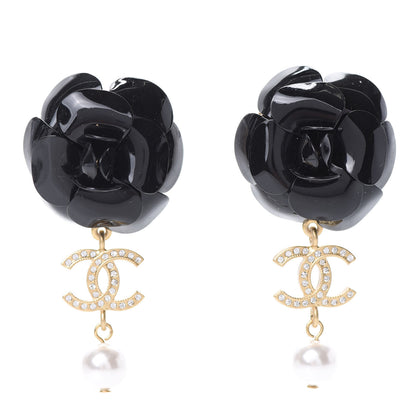 Chanel Enamel Crystal Pearl CC Camellia Drop Earrings Black Gold 1 of 5