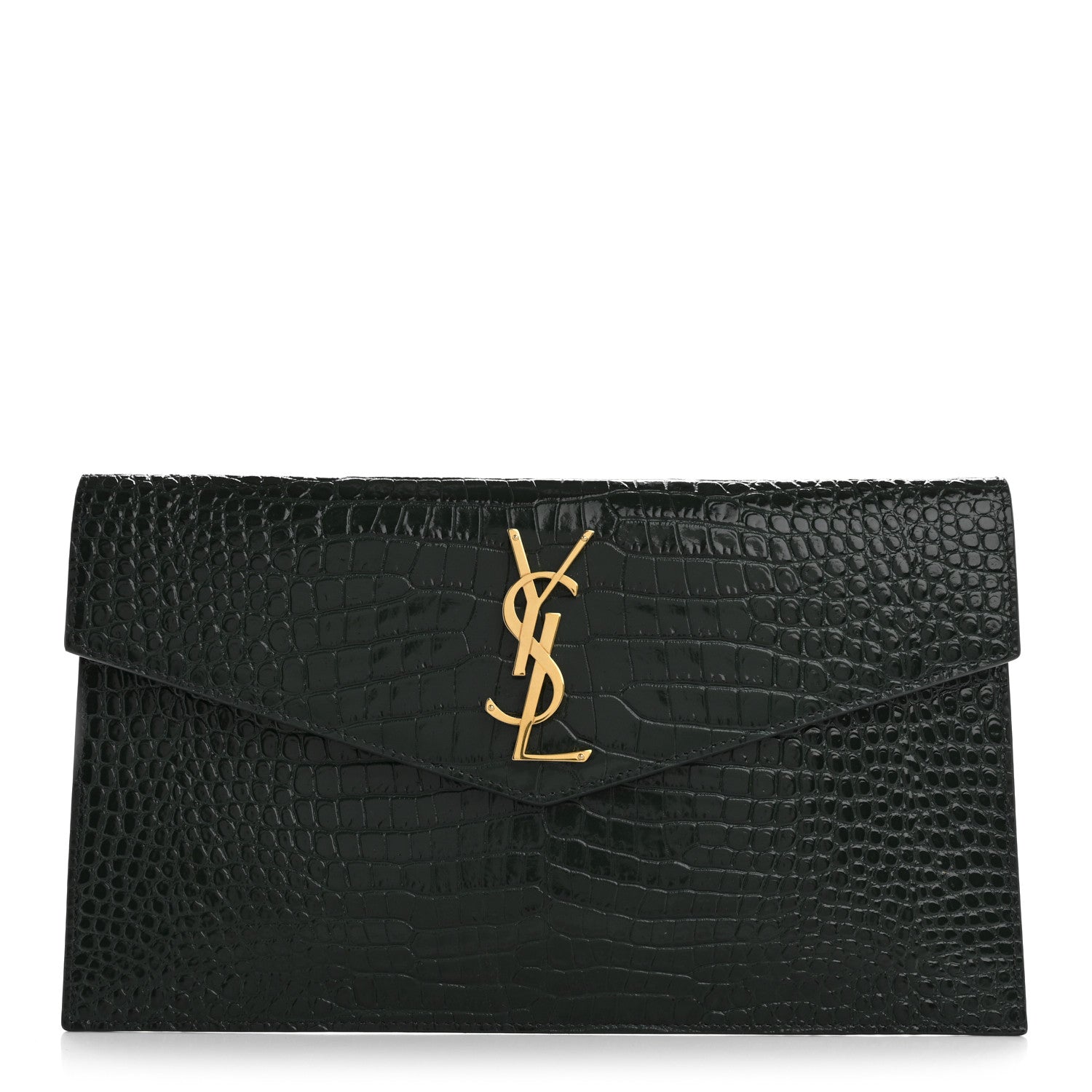 Saint Laurent Calfskin Crocodile Embossed Uptown Monogram Clutch Dark Green 1 of 10