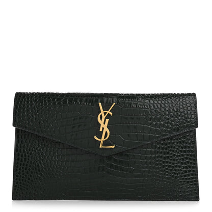 Saint Laurent Calfskin Crocodile Embossed Uptown Monogram Clutch Dark Green 1 of 10