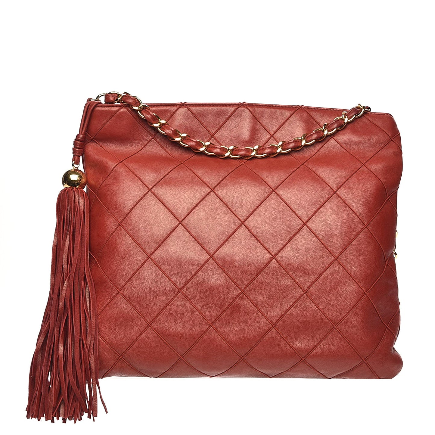 Lambskin Stitched Tassel Shoulder Bag Red