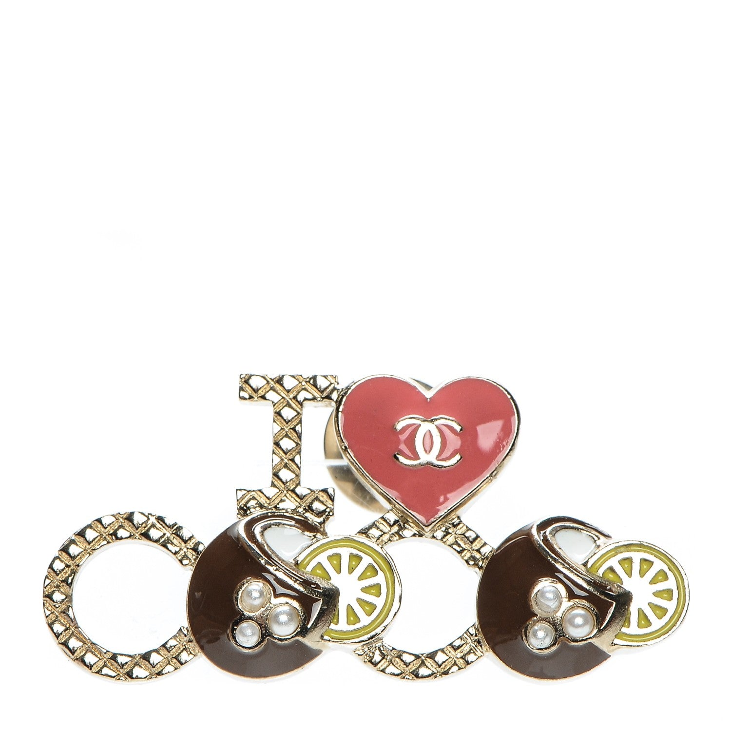 Chanel Metal Resin Pearl I Love Coco Brooch Gold Brown Pink 1 of 4