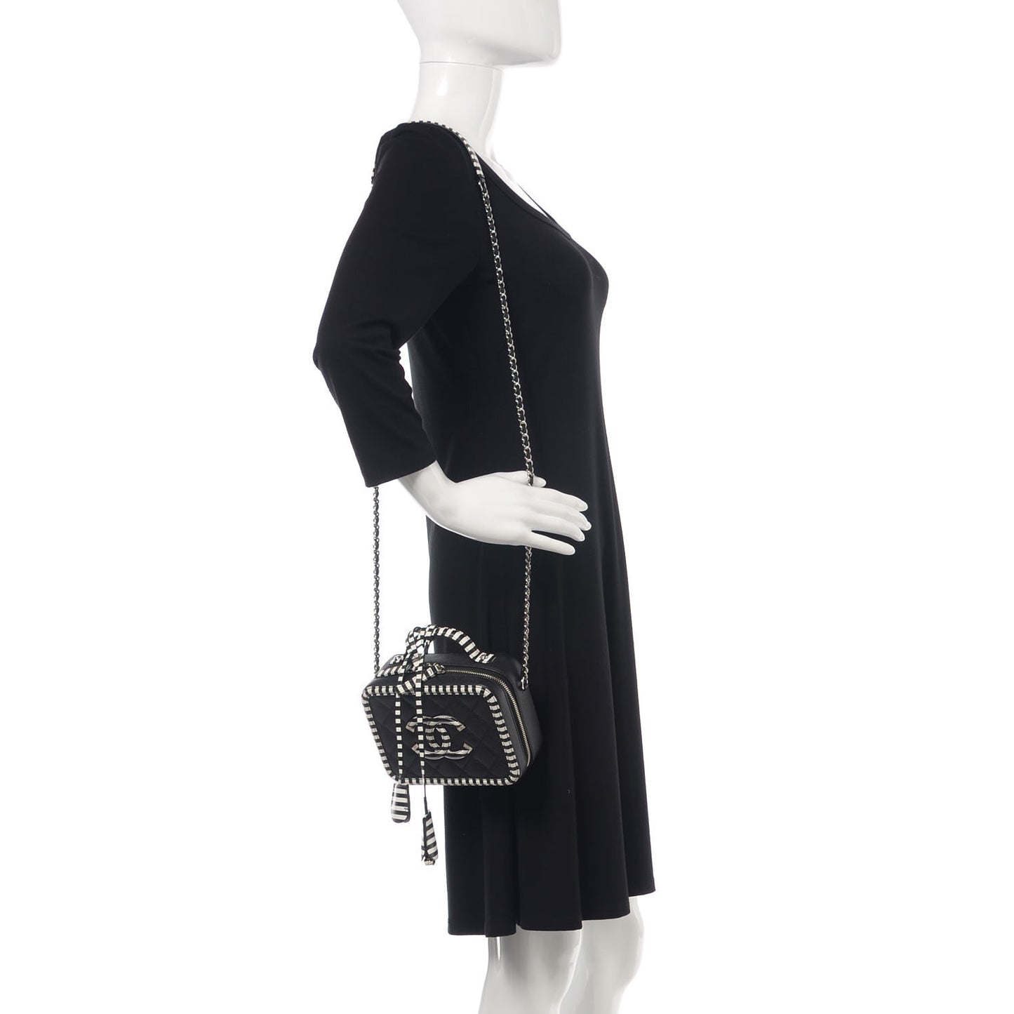 Caviar Quilted Striped Small CC Filigree Vanity Case Black White