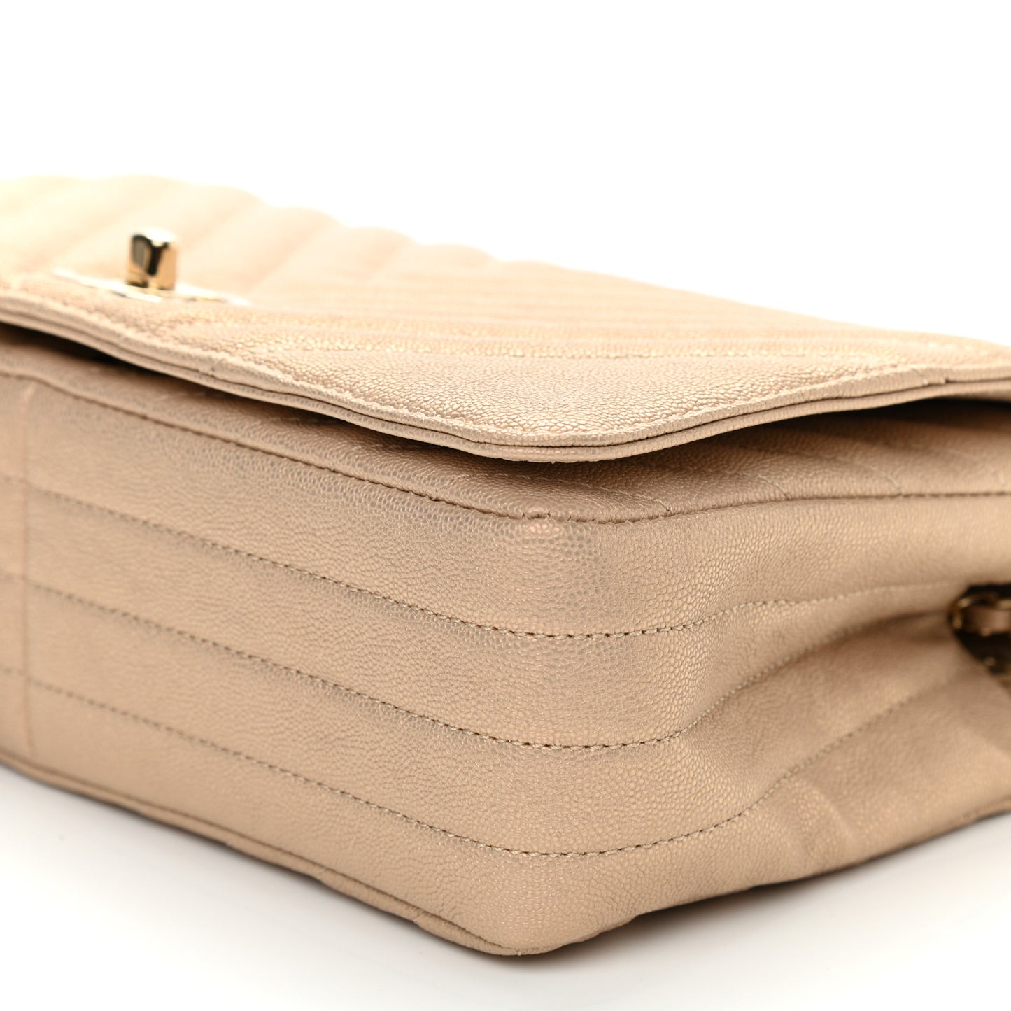 Metallic Caviar Chevron Quilted Medium Statement Flap Beige