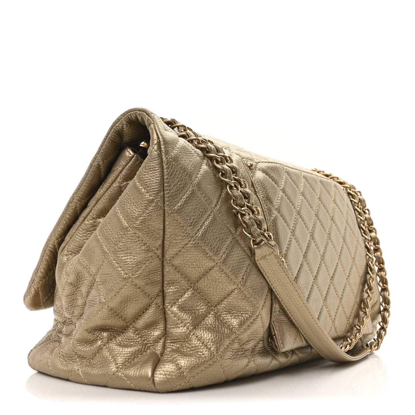 Metallic Calfskin Quilted Small XXL Travel Flap Bag Gold