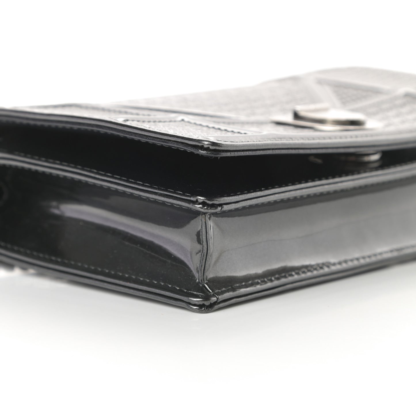 Metallic Patent Micro-Cannage Diorama Wallet on Chain Pouch Onyx Black