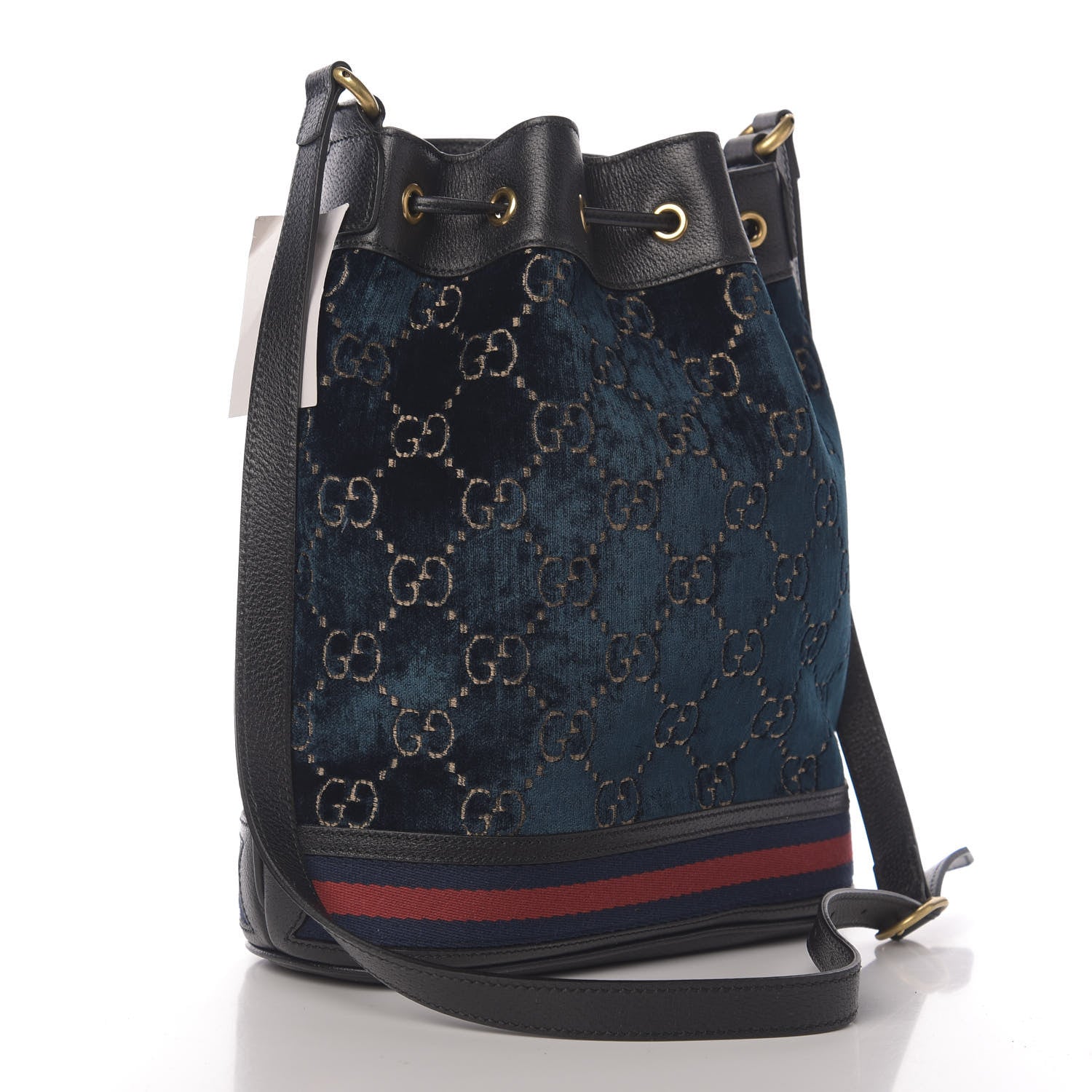 Gucci Velvet GG Monogram Web Bucket Bag Blue Beige 3 of 10