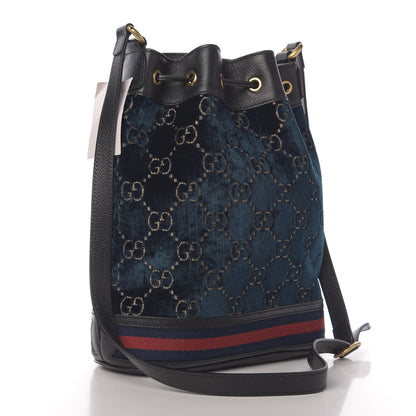 Gucci Velvet GG Monogram Web Bucket Bag Blue Beige 3 of 10
