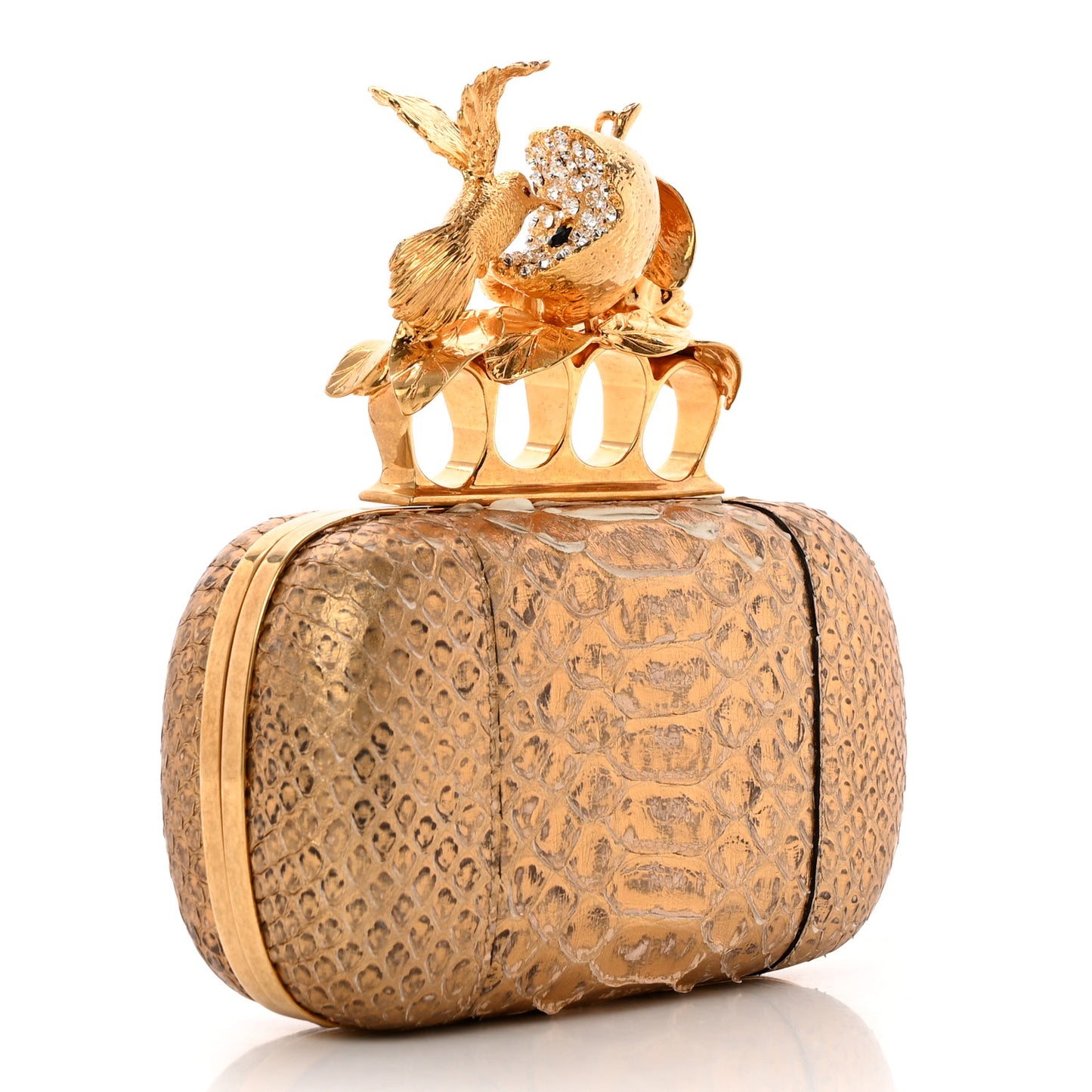 Metallic Marbled Snakeskin Crystal Apple Hummingbird Knuckle Duster Box Clutch Gold