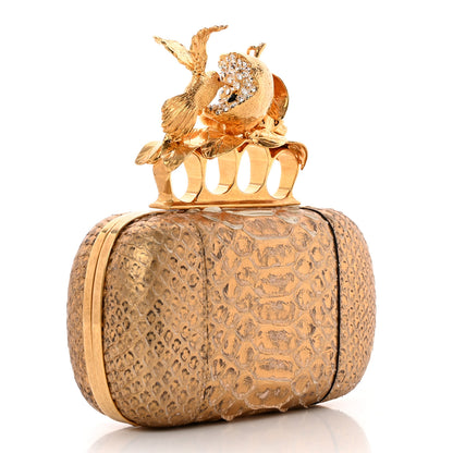 Alexander McQueen Metallic Marbled Snakeskin Crystal Apple Hummingbird Knuckle Duster Box Clutch Gold 3 of 10