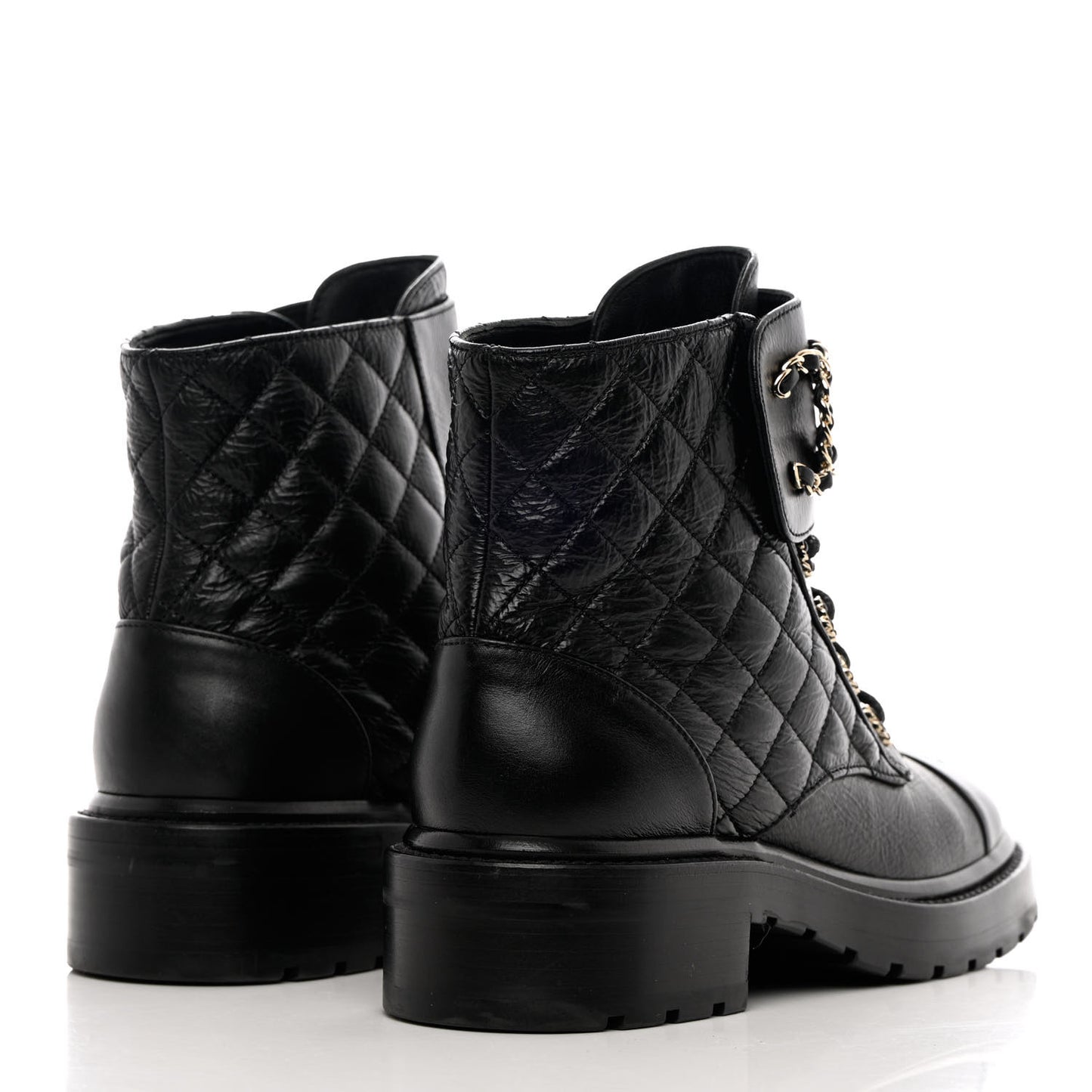 Shiny Calfskin Quilted Lace Up Combat Boots 38 Black
