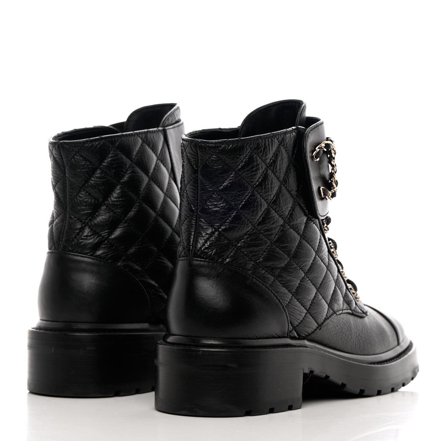 Chanel Shiny Calfskin Quilted Lace Up Combat Boots 38 Black 4 of 11
