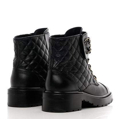 Chanel Shiny Calfskin Quilted Lace Up Combat Boots 38 Black 4 of 11
