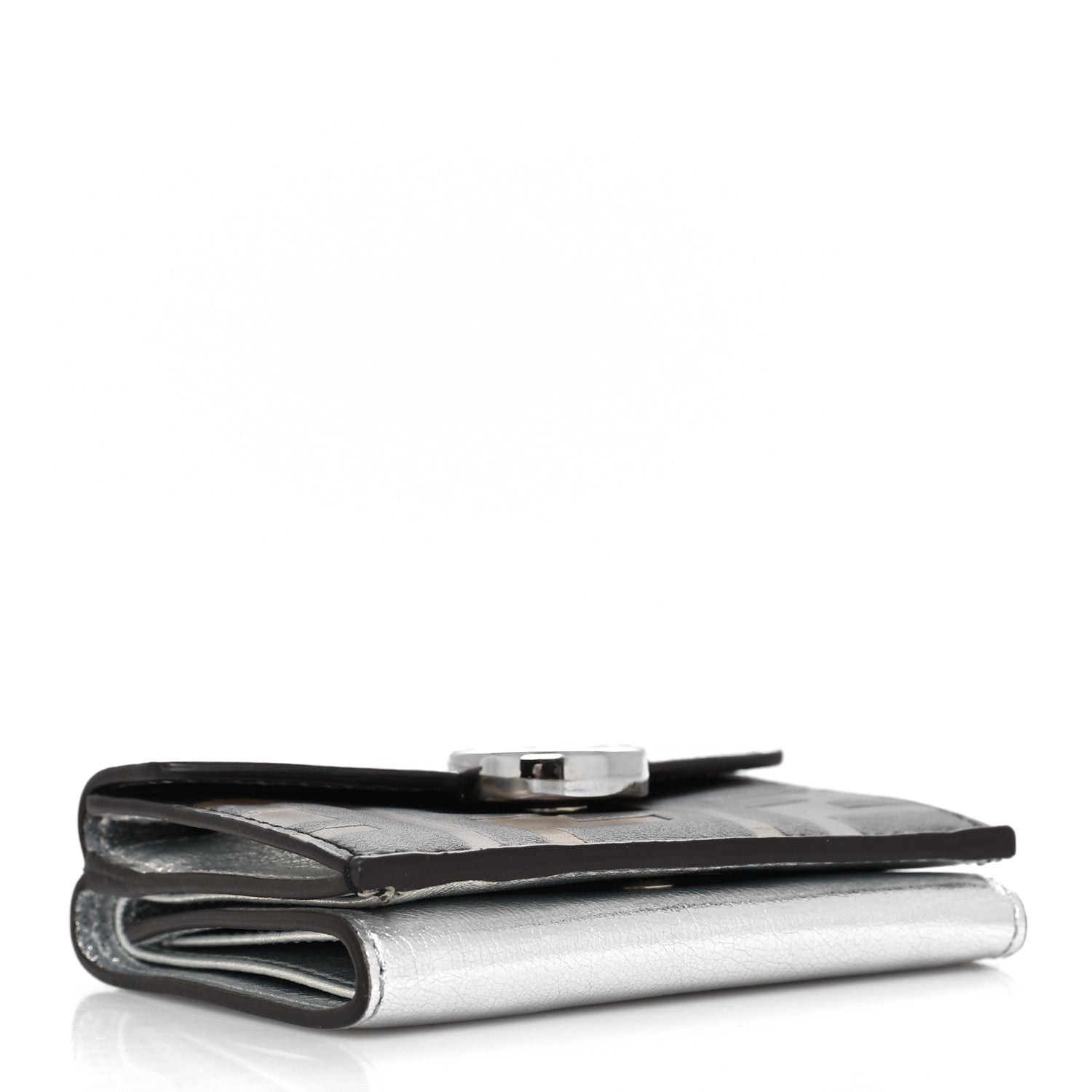 Fendi Vitello Soft Catalan Mirror F is Fendi Bi-Color FF 1974 Embossed Micro Tri-Fold Envelope Wallet Maya Black Argento 4 of 11