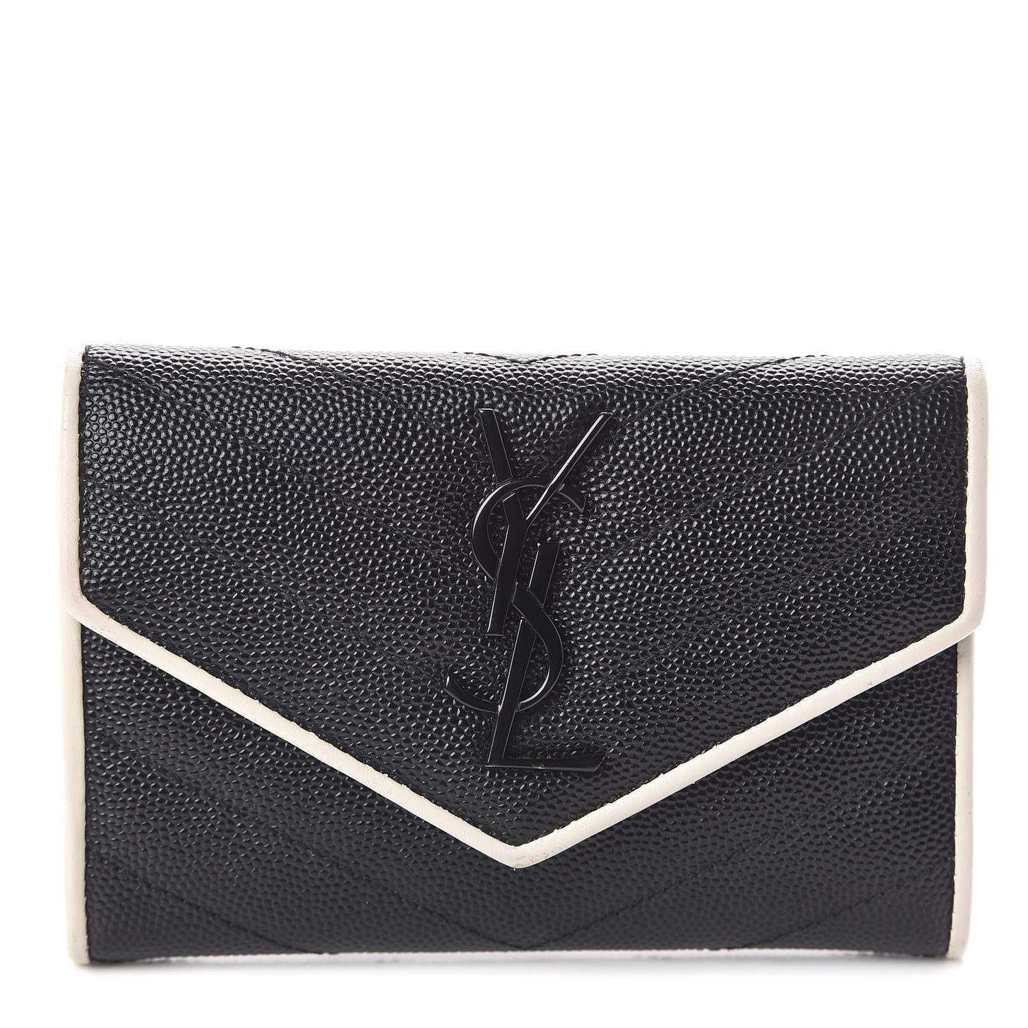 Saint Laurent Grain De Poudre Matelasse Chevron Small Monogram Envelope Wallet Black Dove White 1 of 7