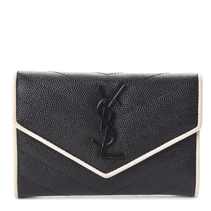 Saint Laurent Grain De Poudre Matelasse Chevron Small Monogram Envelope Wallet Black Dove White 1 of 7